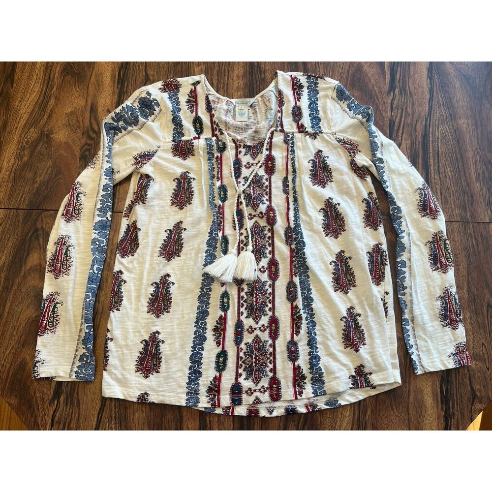 Sundance Womens S Cream Blue & Oxblood Boho Long Sleeve Blouse Shirt Tassel Tie